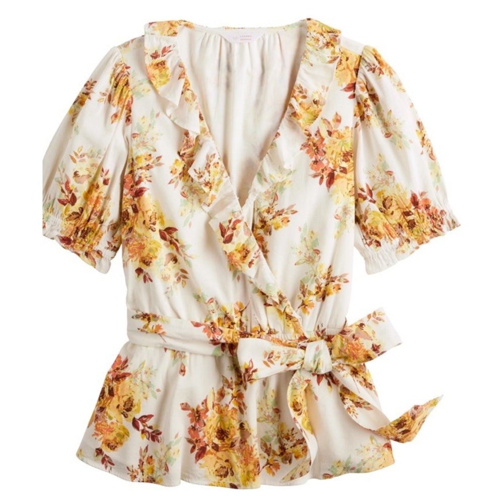 LC Lauren Conrad Floral Wrap Blouse - Cream and Yellow